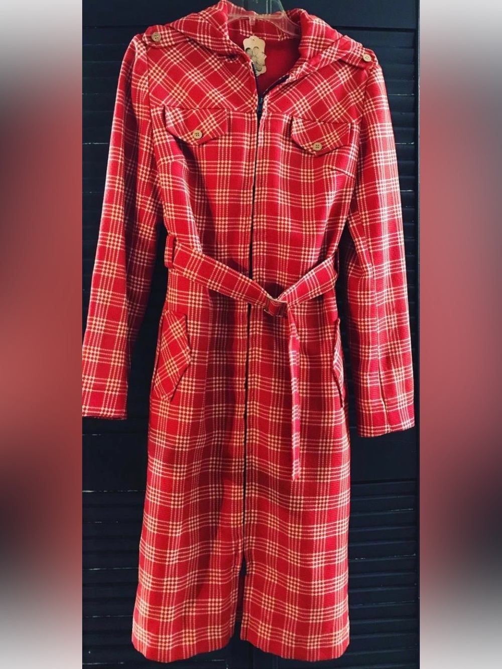 Vintage 70’s Women's Red Plaid Belted Coat with hood.